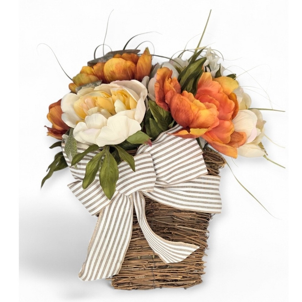 Ashland‎ Fall Peony Floral Wall Hanging Grapevine Straw Basket Farmhouse Country